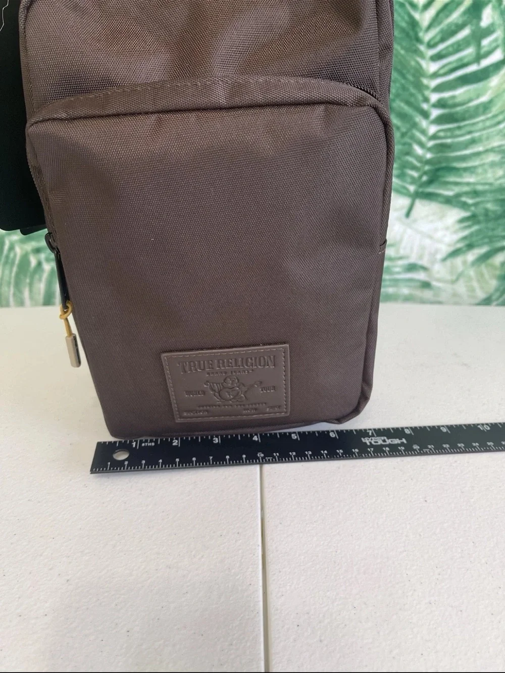 True Religion Brown Sling Belt Bag with Gold Accent
